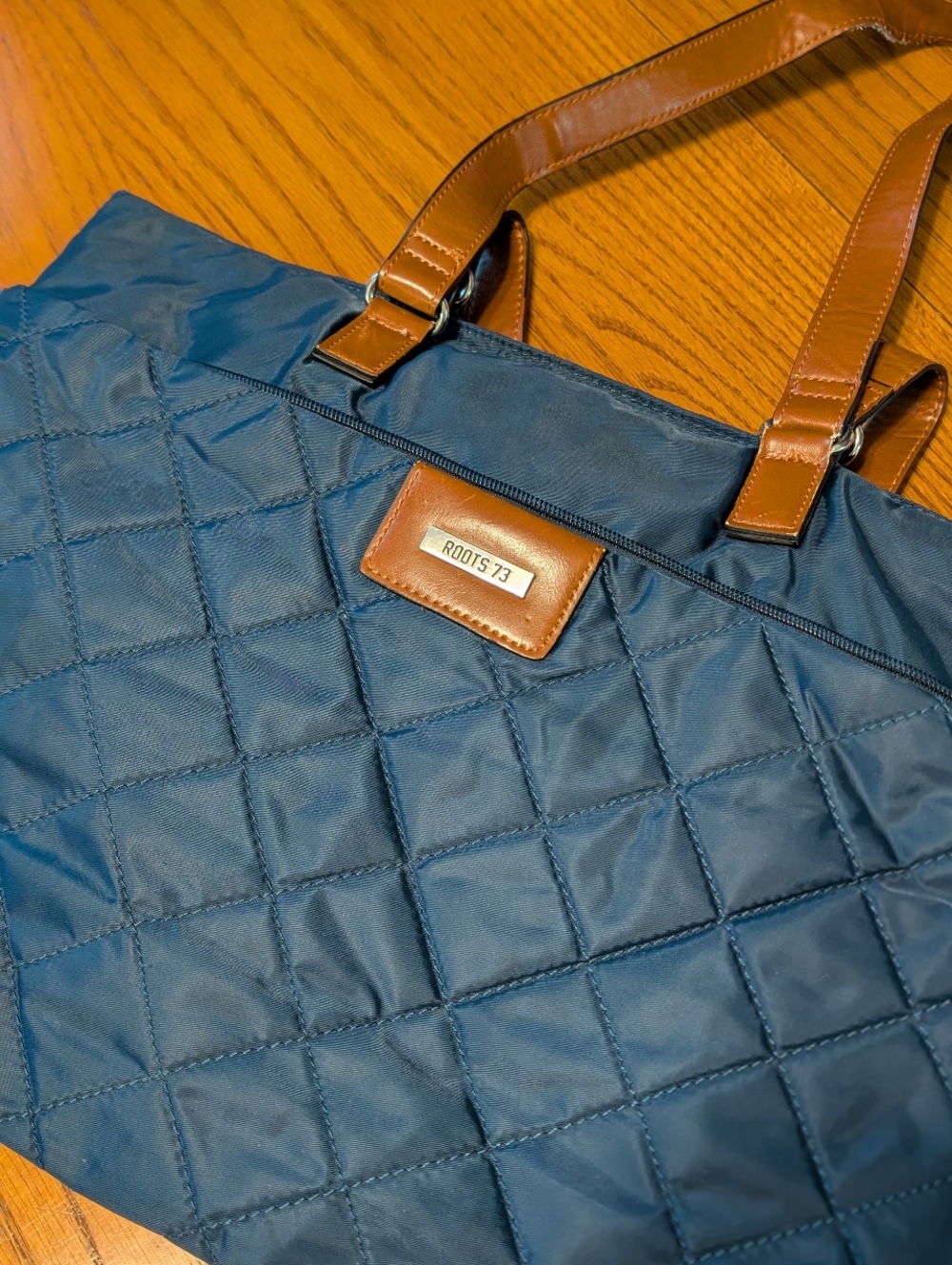 Roots 73 Navy Quilted Tote with Brown Handles